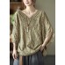 Boho Khaki Cotton V Neck Embroideried Hollow Out Summer Blouses